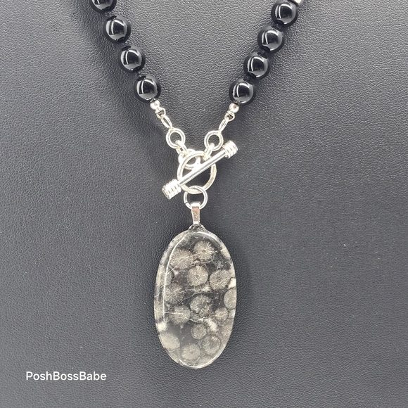 Handmade Black Glass Bead Necklace with Zebra Jasper Pendant - Picture 10 of 10